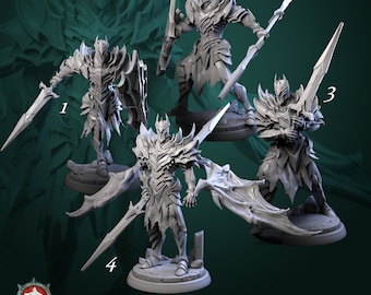 May include: Four grey plastic miniature figures of a knight in armour, each with a different weapon and pose. The figures are numbered 1 through 4.