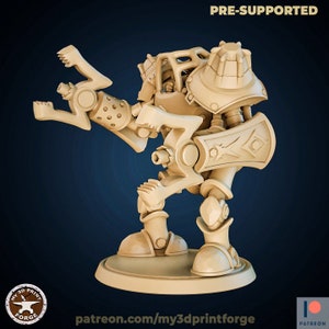 May include: A pre-supported 3D printed miniature of a robotic creature with a claw arm and a shield. The miniature is beige and has a detailed design.