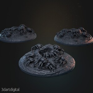 May include: Three miniature plastic bases with a group of black spiders on each. The spiders are arranged in a circle around a small hole in the center of each base.