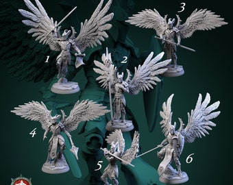 May include: Six miniature figures of winged warriors, each with a different pose and weapon. The figures are painted in a light grey colour and are standing on circular bases. The figures are numbered 1 through 6.