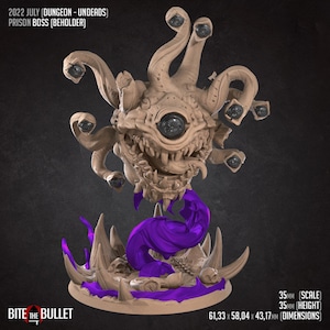 Puede incluir: Una miniatura impresa en 3D de un beholder, una criatura de Dungeons and Dragons, con un gran ojo central y múltiples ojos más pequeños en tallos. El beholder está pintado en un color marrón claro con una base púrpura. La miniatura está a escala de 35 mm y tiene 35 mm de altura. Las dimensiones son 61,33 mm x 58,04 mm x 43,17 mm.
