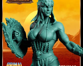 May include: A teal-colored figurine of a warrior woman, holding a shield. The figurine is wearing a detailed battle outfit and a crown. The image includes the text "WASTELAND", "PRIMAL COLLECTIBLES", and "SEPHMA".