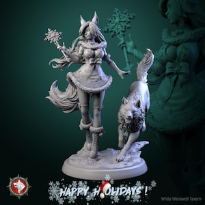 Foxfolk Frost Maiden with, Zarya - 32mm, 75mm Scale - Unpainted Miniature for DnD, Pathfinder, Tabletop RPGs - White Werewolf Tavern