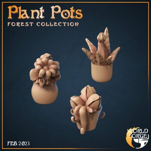 May include: Three 3D printed terracotta plant pots with different types of plants. The pots are part of a "Forest Collection" and are labeled "Plant Pots".
