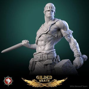 May include: A detailed, gray, 3D printed miniature of a muscular figure wearing a blindfold, armor, and holding a sword and a hammer. The figure is titled "Gilded Wrath".