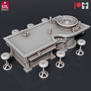 May include: A gray 3D printed model of a wooden casino table with a roulette wheel and six stools. The table has a raised edge and a small bar area. The roulette wheel is in the center of the table and has a spinning wheel and a ball.
