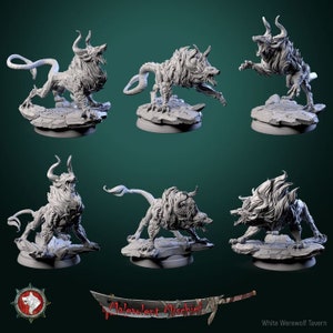 May include: Six different views of a 3D printed miniature of a grey wolf-like creature with horns and a long tail. The creature is standing on a circular base.