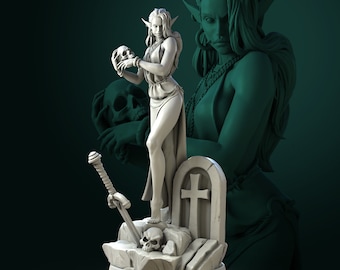 May include: A white painted figurine of an elf woman holding a skull. She is standing on a rocky base with a sword and a tombstone behind her. The background is a dark green.