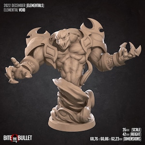 May include: A 3D printed miniature of an elemental void creature. The creature is made of swirling smoke and has a humanoid form with sharp claws and horns. The miniature is painted in a light brown color and is approximately 2 inches tall.