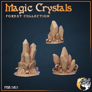 May include: Three 3D printed models of crystal formations with a forest theme. Each model features a cluster of crystals growing from a base of mushrooms and foliage. The crystals are a light brown color, and the base is a darker brown. The models are labeled "Magic Crystals Forest Collection" and "Feb 2023".