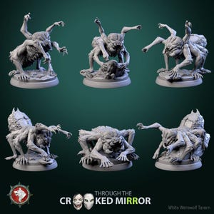 May include: Six different views of a gray, 3D printed miniature of a monstrous creature with multiple arms and legs. The creature has a humanoid torso and a spider-like lower body. The miniature is posed in different positions, showing off its details.