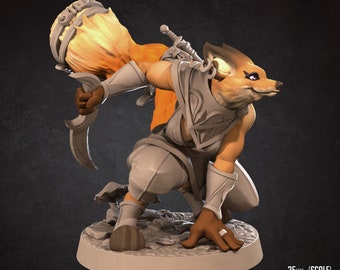 May include: A grey painted miniature figurine of a fox-like creature with a bushy tail, wearing armour and holding a dagger. The figurine is 35 mm tall and is part of the "Bite the Bullet" collection.