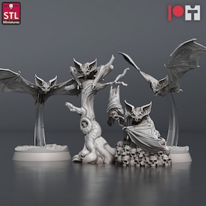 May include: A 3D printed miniature set of five bats perched on a tree stump and a pile of skulls. The bats are in various poses, with some flying and others perched. The tree stump is detailed with bark and branches. The skulls are arranged in a pile at the base of the tree stump.