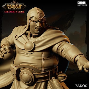 May include: A detailed, tan-colored figurine of a character from "Uncharted Kingdoms: The Mighty Stone." The figure is in a dynamic pose, wearing a hooded garment, belt, and holding a ball-like object. The name "BADON" is visible.