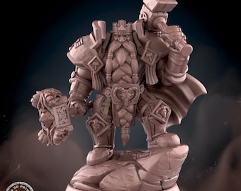 May include: A pre-supported 32mm scale miniature of a dwarf king wearing a crown and armor, holding a large hammer. The miniature is printed in a light brown color and is ready to be painted.