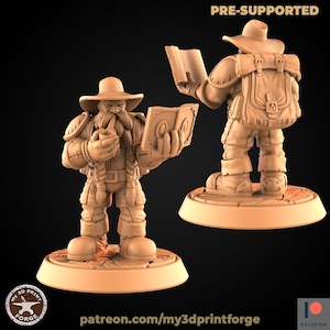 May include: A 3D printed miniature of a dwarf with a beard, wearing a hat and holding a book. The dwarf is standing on a round base. The miniature is pre-supported and ready to be printed.
