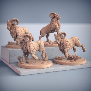 May include: Four detailed miniature figurines of rams, each standing on a circular base. The rams are sculpted in a light brown color and have intricate details, including horns, fur, and facial expressions.