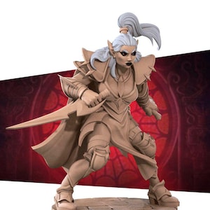 May include: A painted miniature figurine of a female elf warrior wearing armor and holding a sword. The elf has long white hair and is wearing a dark brown cloak.