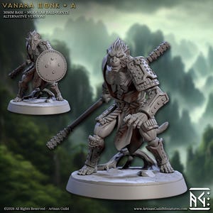 May include: A gray Vanara Monk miniature figure with a staff and armor. The figure is on a 30mm base and has modular ball-joints. The text "VANARA MONK + A" and "ALTERNATIVE VERSION!" is visible.
