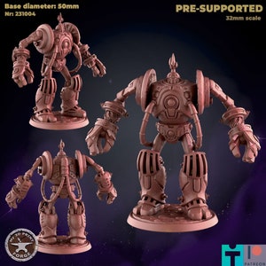 May include: A 3D printed, pre-supported miniature of a steampunk robot with a 50mm base diameter. The robot is made of brown plastic and has a detailed design with gears, pipes, and other mechanical elements. The miniature is in 32mm scale.