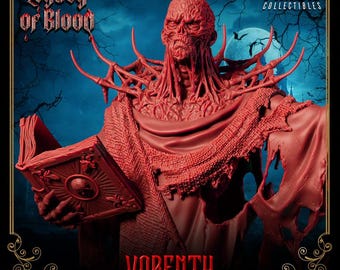 May include: A red Vorinth figure from Primal Collectibles, holding a detailed book. The figure has a skeletal face and a tattered cloak. The background is a dark blue with a moon and the text "Legacy of Blood".