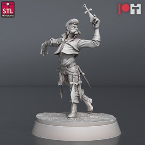 May include: A grey 3D printed miniature of a man wearing a long-sleeved shirt, trousers, and boots. He is holding a dagger in his right hand and has a moustache and beard. He is standing on a round base.