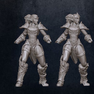 Puede incluir: Dos figuras en miniatura grises y detalladas de elfos femeninos con armadura y armas. Las figuras est&aacute;n en una postura din&aacute;mica, listas para la batalla.