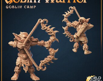 May include: Two miniature goblin warrior figures holding bows with barbed rope strings. The figures are painted in a light brown color and are posed in a dynamic action stance. The text "Goblin Warrior" and "Goblin Camp" are visible at the top of the image. The text "Archer" is visible at the bottom of the image.