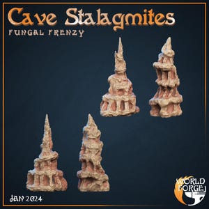 May include: Four beige and pink cave stalagmites with textured surfaces are displayed against a dark blue background. The text "Cave Stalagmites" and "Fungal Frenzy" is at the top. The date "JAN 2024" is at the bottom.