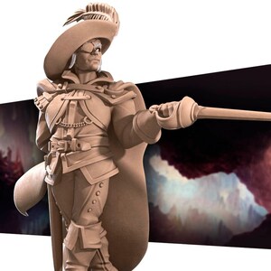 May include: A brown painted miniature figurine of a person wearing a large hat with a feather, a long coat, and holding a sword. The figurine is standing on a dark background.