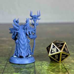 Puede incluir: Una figura en miniatura de pl&aacute;stico azul de un demonio sosteniendo un bast&oacute;n con una calavera en la parte superior. La figura est&aacute; de pie sobre una base redonda. Un dado de 20 caras de oro est&aacute; en el fondo.
