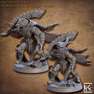 Pode incluir: Duas figuras em miniatura de um guerreiro em forma humana e de lobo. As figuras s&atilde;o pintadas de cinza e est&atilde;o em uma postura de luta din&acirc;mica. O texto "CAPTAIN FENRIR HUMAN & WULFHEART FORMS" &eacute; vis&iacute;vel na parte superior da imagem. O texto "ALTERNATIVE VERSION! BALLJOINT WEAPONS!" &eacute; vis&iacute;vel na parte inferior da imagem.