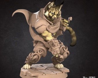 May include: A 3D printed miniature of a Tabaxi Rogue, a humanoid cat-like creature wearing armour and holding a dagger. The miniature is painted in a light brown colour and is standing on a circular base. The miniature is 35 mm in scale and 35 mm in height. The dimensions of the base are 35.75 mm x 37.63 mm x 28.32 mm.
