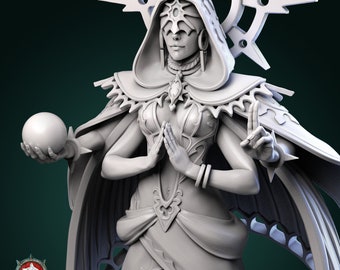 May include: A white 3D printed figurine of a woman wearing a hooded robe and holding a sphere. The woman has a crown of thorns and a blindfold. The figurine is set against a green background.