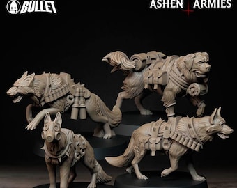 May include: Four detailed, grey miniature dog figurines. Each dog is sculpted with tactical gear, including packs and harnesses. The top left corner features the text "Bite the Bullet," and the top right corner reads "Ashen Armies."