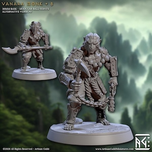 May include: A gray miniature figure of a Vanara Monk with a weapon and chain, standing on a round base. The figure is detailed with armor and a monkey-like face. Text at the top reads "VANARA MONK + B" and "30MM BASE - MODULAR BALL-JOINTS ALTERNATIVE VERSION!"