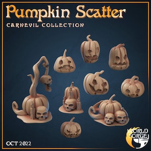 May include: A set of nine hand-painted ceramic pumpkin figurines in various poses, including a pumpkin with a vine and skulls, a pumpkin with candles, and a pumpkin with a skull. The pumpkins are all painted in a light brown color and have a rustic, vintage look. The set is labeled "Pumpkin Scatter Carnevil Collection" and "World Forge".