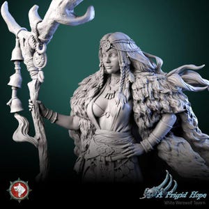 May include: A white, detailed, miniature figurine of a woman wearing a fur cloak and holding a staff with bells. The staff is made of wood and has a deer antler at the top. The woman has long, flowing hair and is wearing a necklace and bracelets. The figurine is a part of a tabletop role-playing game.