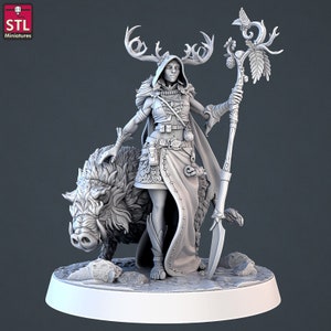 Druid with Boar Companion - Forest Protector - 32mm Scale - Unpainted Miniature for DnD, Pathfinder, Tabletop RPGs - STL Miniatures