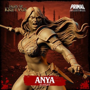 Puede incluir: Una figura de guerrera de color bronce titulada Anya Scarlet de Tales of Kreyvos por Primal Collectibles. La figura presenta cabello largo y ondulado, un top de bikini con patrón de escamas, hombreras y muñequeras, sosteniendo una espada.