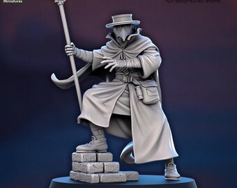 May include: A gray miniature figure of a plague doctor holding a staff with winged accents. The figure is wearing a long coat, hat, and mask. The figure is standing on a small stone structure. The text "Serenissima Obscura" is displayed above the figure.