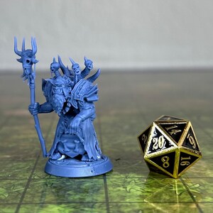 Puede incluir: Una miniatura de pl&aacute;stico azul de un cham&aacute;n Orco sosteniendo un bast&oacute;n con calaveras. La miniatura est&aacute; de pie sobre una base redonda. Un dado de 20 caras de oro est&aacute; en el fondo.