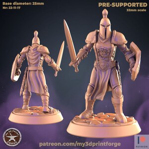May include: A pre-supported 32mm scale miniature of a warrior in full plate armor, holding a sword and shield. The miniature is printed in a light brown color and is ready to be painted.