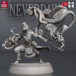 May include: A gray, detailed miniature figurine of a fantasy character with pointed ears, holding a staff with swirling smoke emanating from it. The character is wearing a flowing robe and has a determined expression.