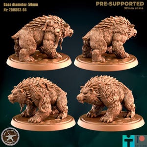 May include: Four brown bear figurines, each on a circular base. The bears have detailed fur textures and are in a crouching position. The text "PRE-SUPPORTED 32mm scale" is visible. The base diameter is 50mm. The text "MY 3D PRINT FORGE" is also visible.