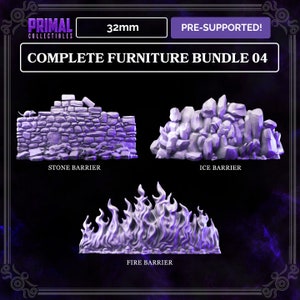 May include: A set of three 32mm pre-supported miniature barriers for tabletop games. The set includes a stone barrier, an ice barrier, and a fire barrier.
