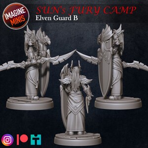 Op de afbeelding: Een grijs plastic miniatuurfiguur van een elfenkrijger met een zwaard en schild. Het figuur staat op een ronde basis. De tekst "SUN'S FURY CAMP Elven Guard B" is zichtbaar op de achtergrond.