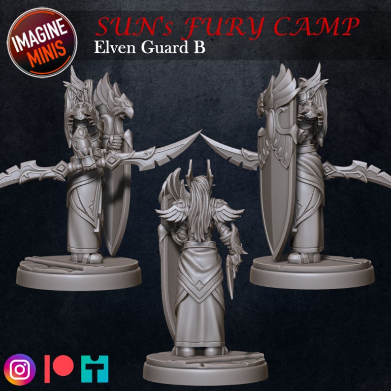 Op de afbeelding: Een grijs plastic miniatuurfiguur van een elfenkrijger met een zwaard en schild. Het figuur staat op een ronde basis. De tekst "SUN'S FURY CAMP Elven Guard B" is zichtbaar op de achtergrond.