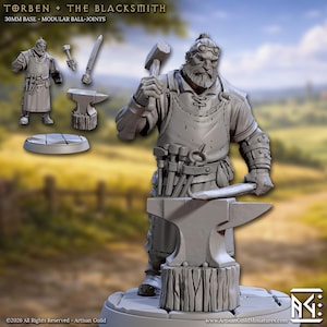 May include: A gray miniature figure of a blacksmith, Torben, with a hammer raised above an anvil. The figure is on a base with additional tools and a smaller figure. The text "TORBEN + THE BLACKSMITH" is at the top.