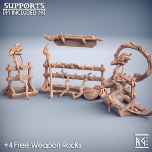 May include: Four wooden weapon racks with various weapons, including a spear, a sword, and a bow and arrow. The racks are made of branches and have a rustic, natural look. The text "SUPPORTS INCLUDED" is visible at the top of the image.